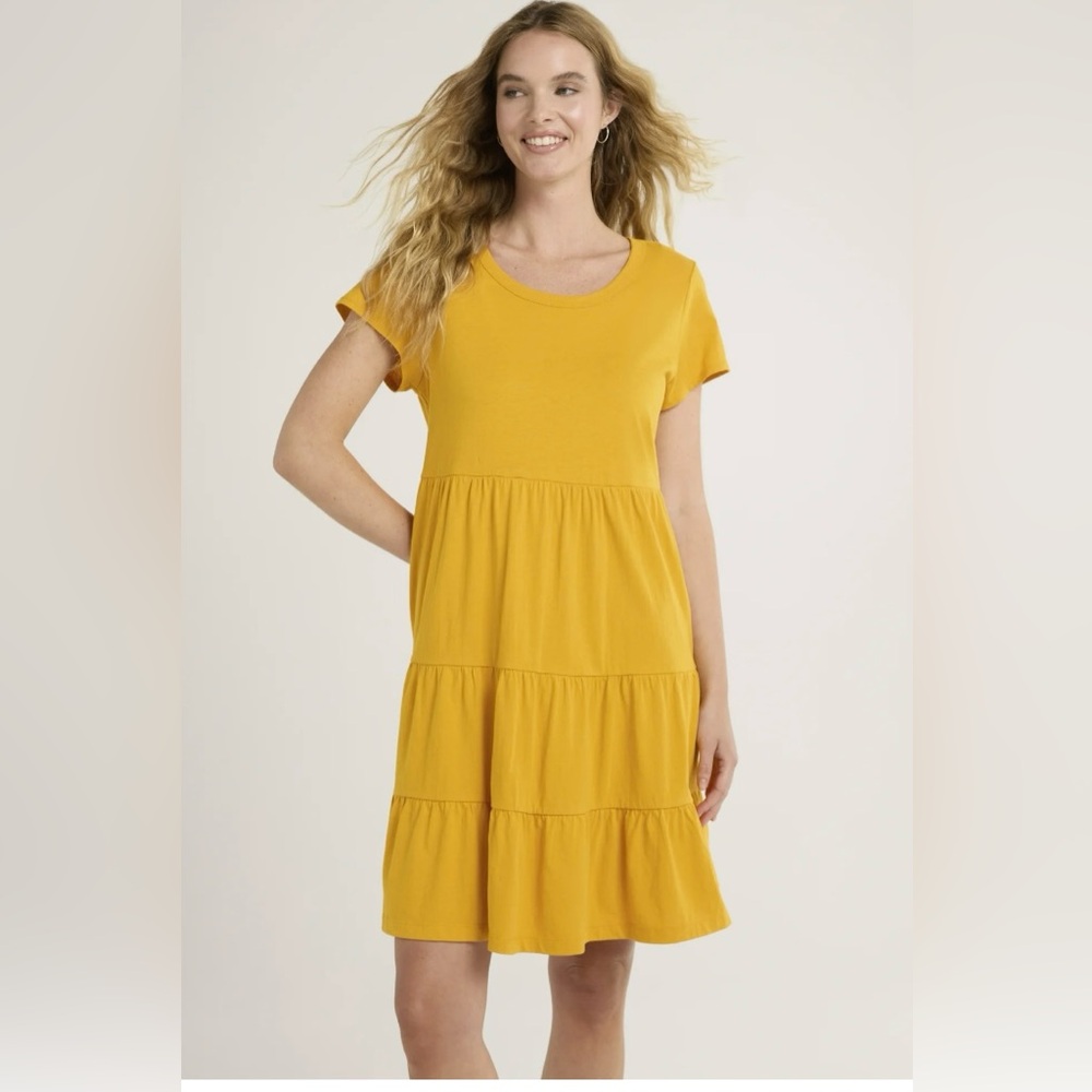 Time and Tru Mustard Yellow Tiered Short Sleeve Casual Dress Size XS (0-2) - Picture 2 of 6